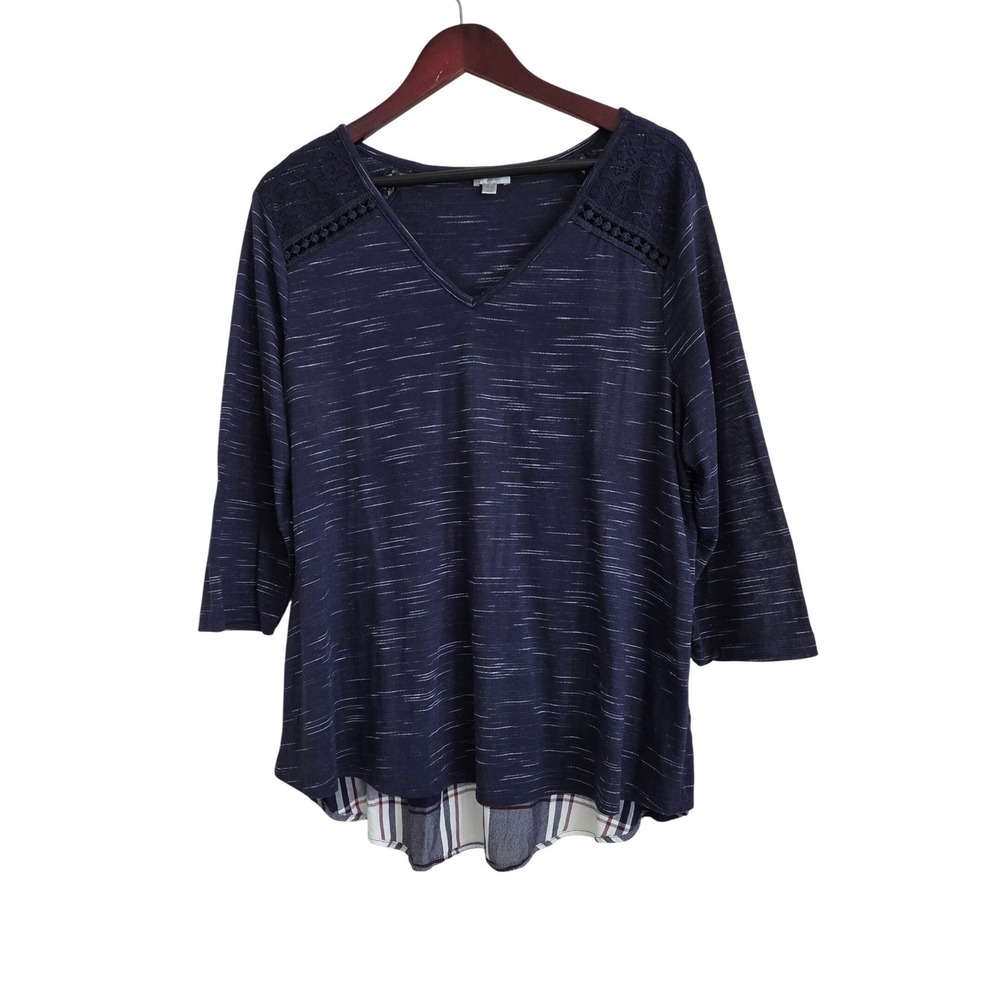 Avenue Plus Size 18/20 Navy Plaid Hem Lace V Neck Tunic Top Boho